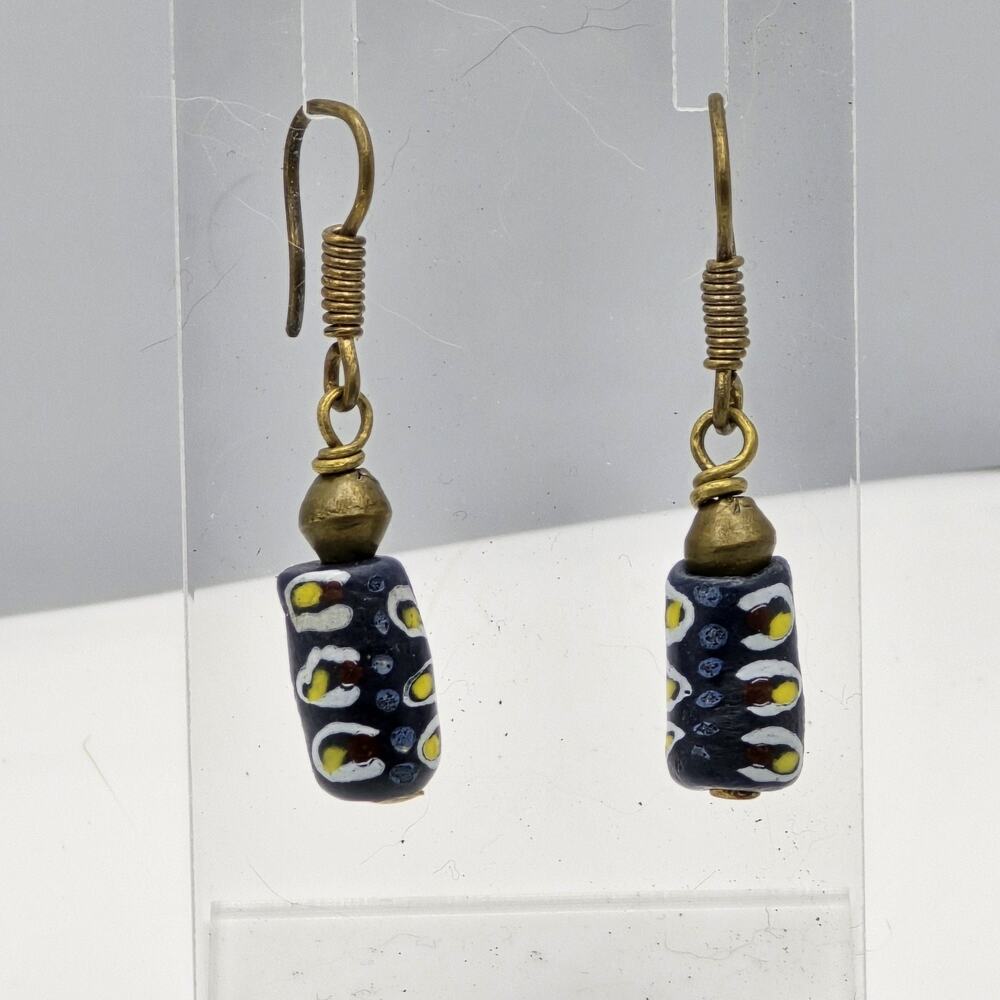 Millefiori Glass Beads Dangle Earrings Artisan Handmade Blue Yellow White